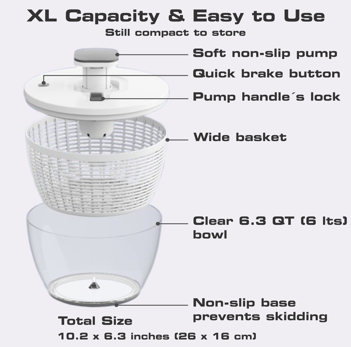 6.3 Qt XL Salad Spinner One-Handed Pump, Fast Dry, Multi-Use, Dishwasher Safe