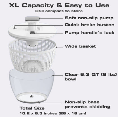 6.3 Qt XL Salad Spinner One-Handed Pump, Fast Dry, Multi-Use, Dishwasher Safe